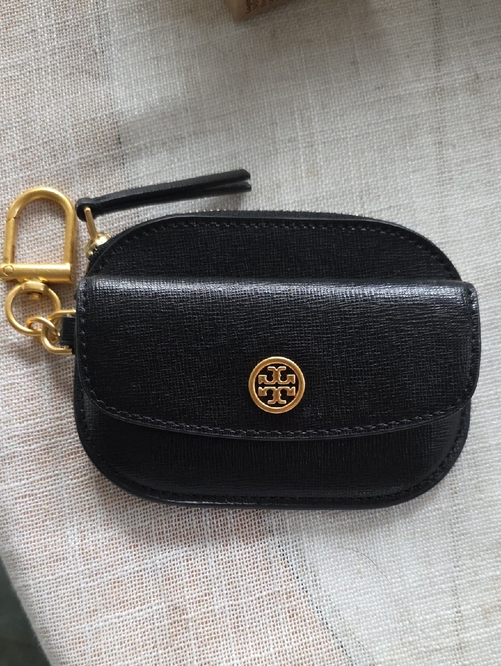 Tory Burch Black Leather Key & Card Holder with Gold Logo